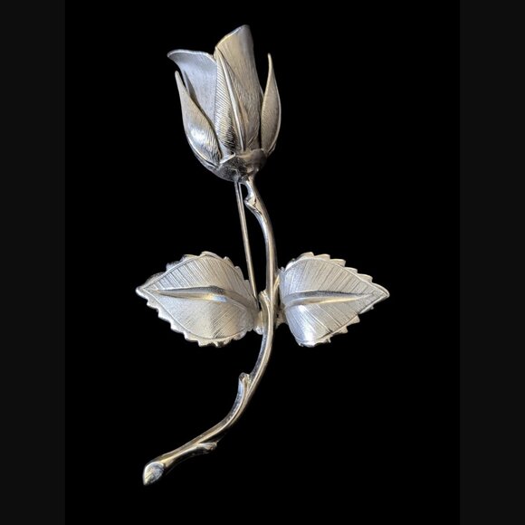 Vintage Giovanni Silver Tone 2.5" Long Rose Brooch Pin - Picture 1 of 6
